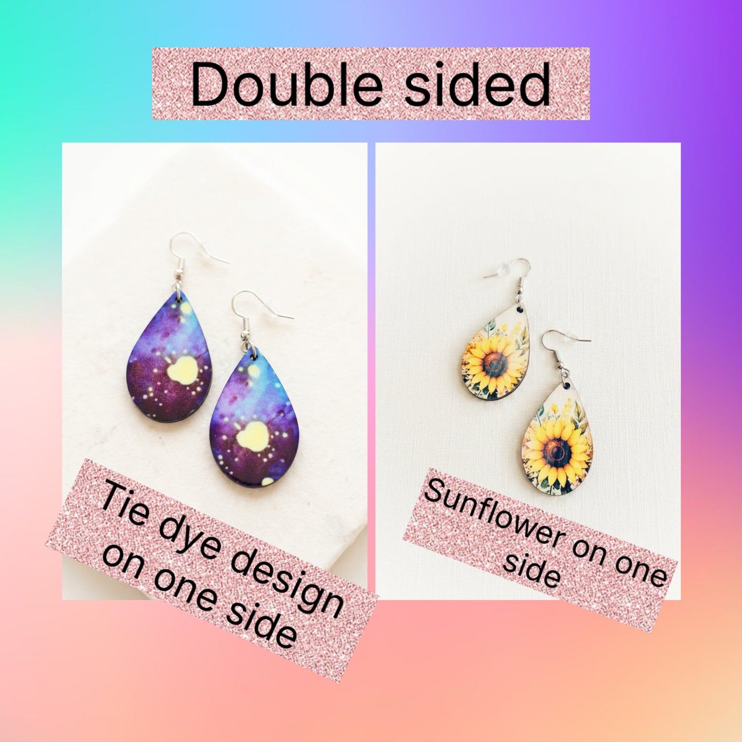 Double-Sided Sunflower &amp; Tie-Dye Teardrop Dangle Earrings