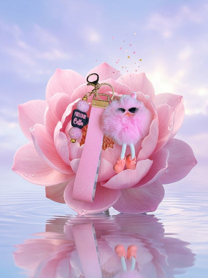 Pink Fluffy Furball Wristlet Keychain