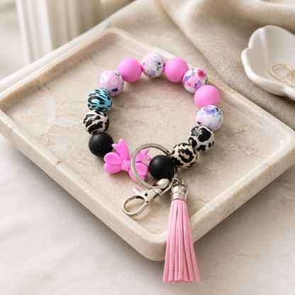 Pink and Animal Print Silicone Bead Bangle Keychain Wristlet