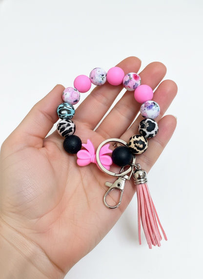 Pink and Animal Print Silicone Bead Bangle Keychain Wristlet