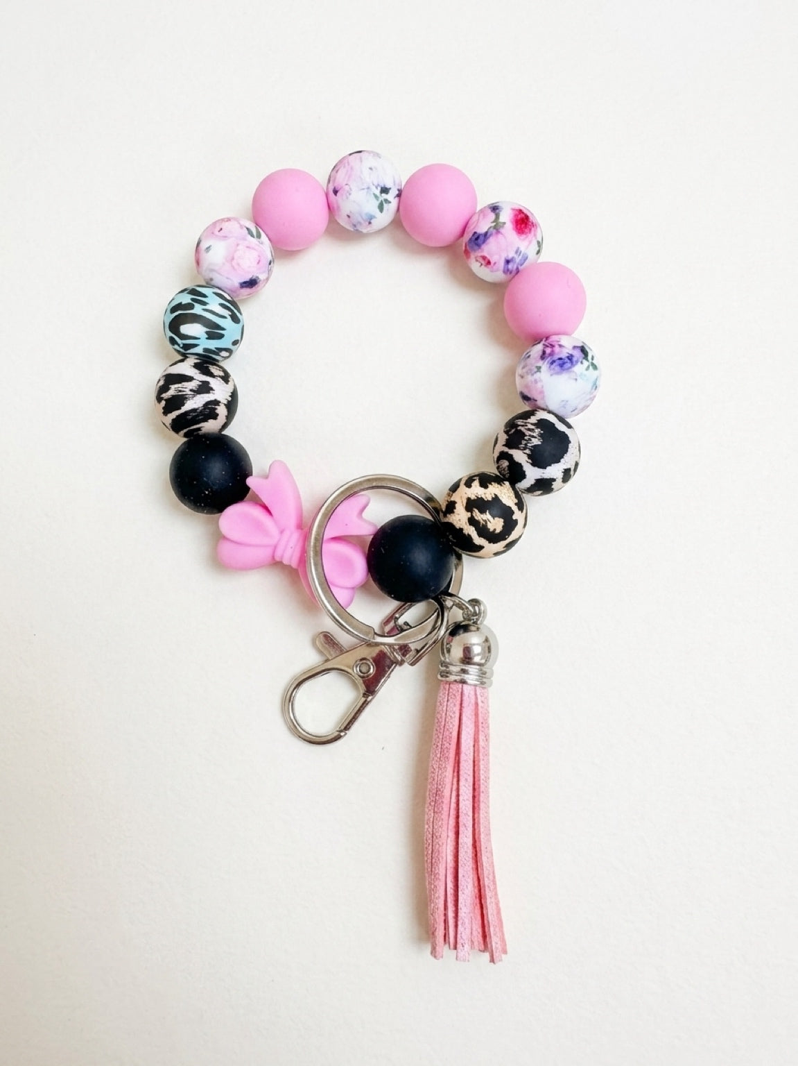 Pink and Animal Print Silicone Bead Bangle Keychain Wristlet