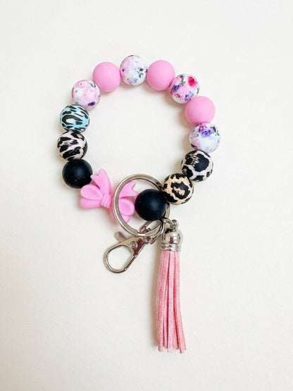 Pink and Animal Print Silicone Bead Bangle Keychain Wristlet