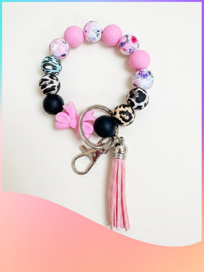 Pink and Animal Print Silicone Bead Bangle Keychain Wristlet