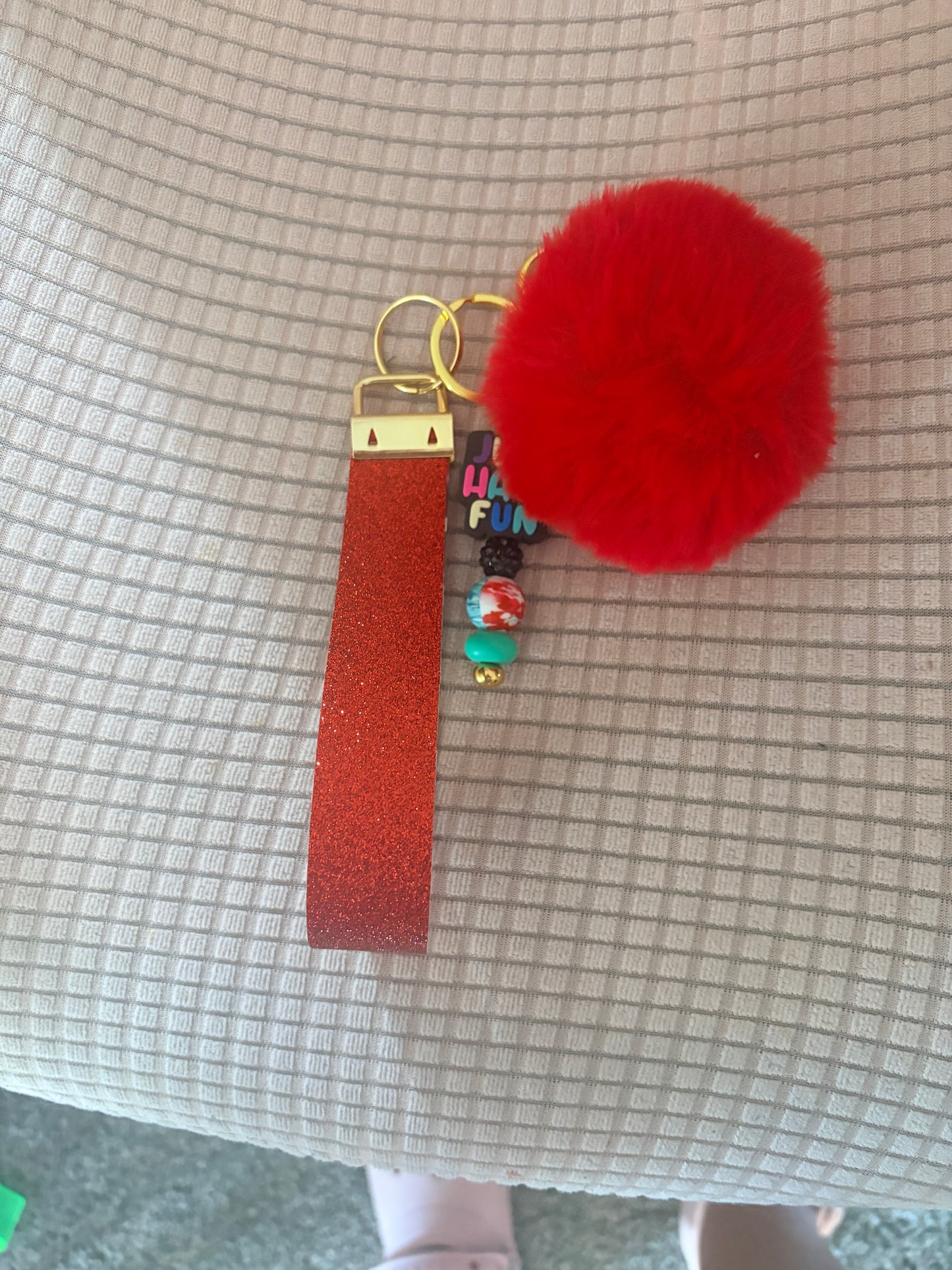 “Just Have Fun” Red Pom Pom Wristlet Keychain