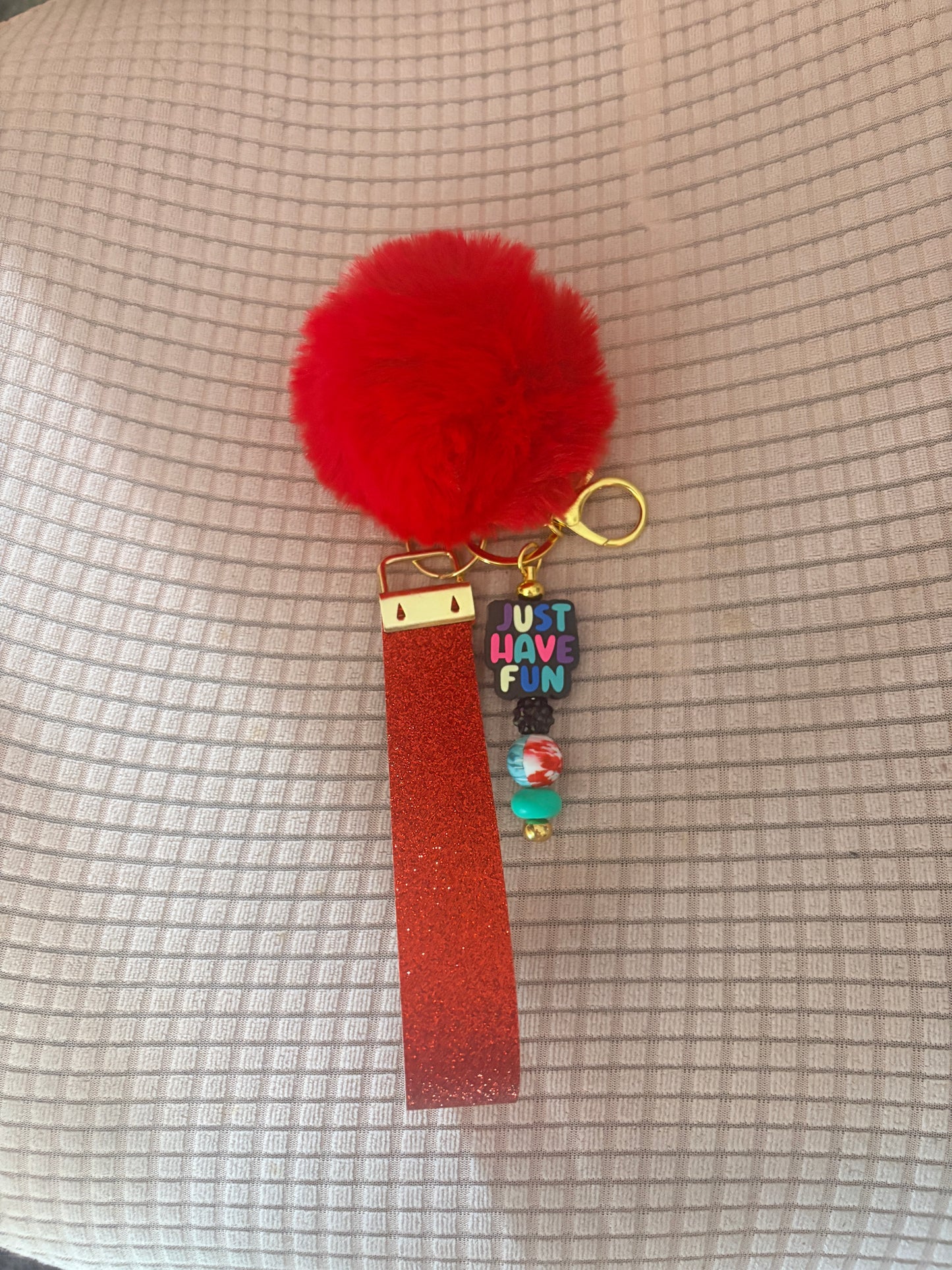“Just Have Fun” Red Pom Pom Wristlet Keychain