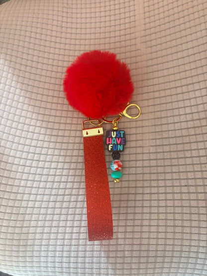 “Just Have Fun” Red Pom Pom Wristlet Keychain