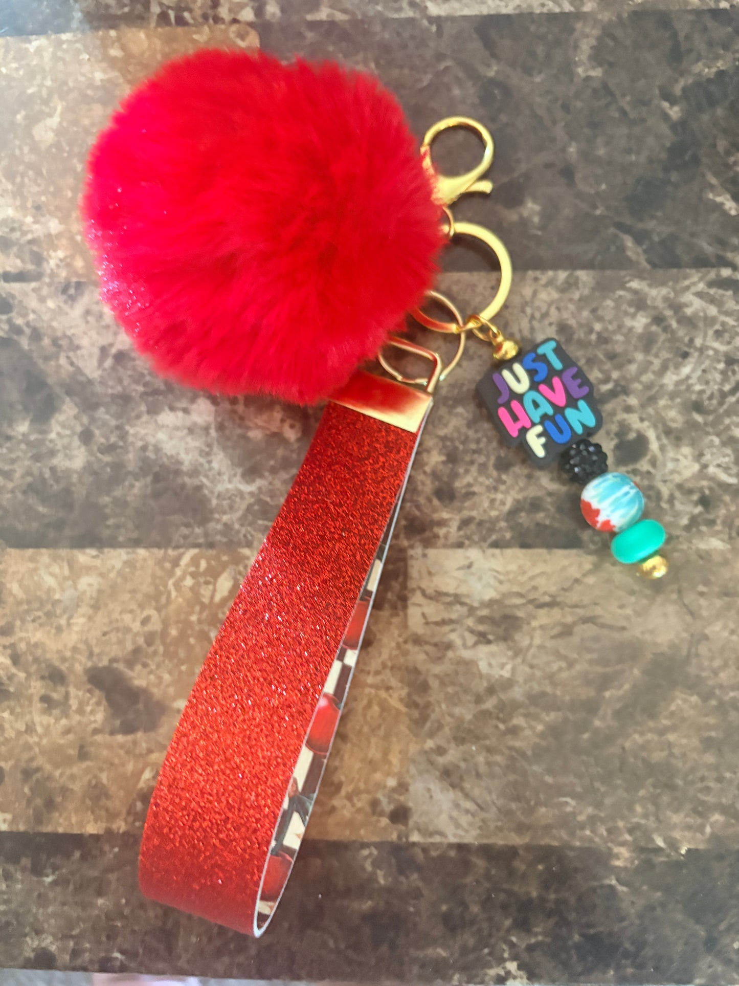 “Just Have Fun” Red Pom Pom Wristlet Keychain