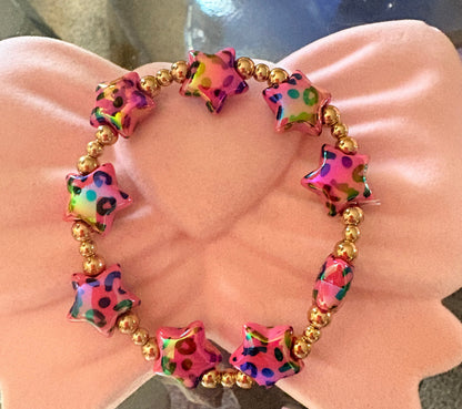 Pink Leopard Star Beaded Stretch Bracelet