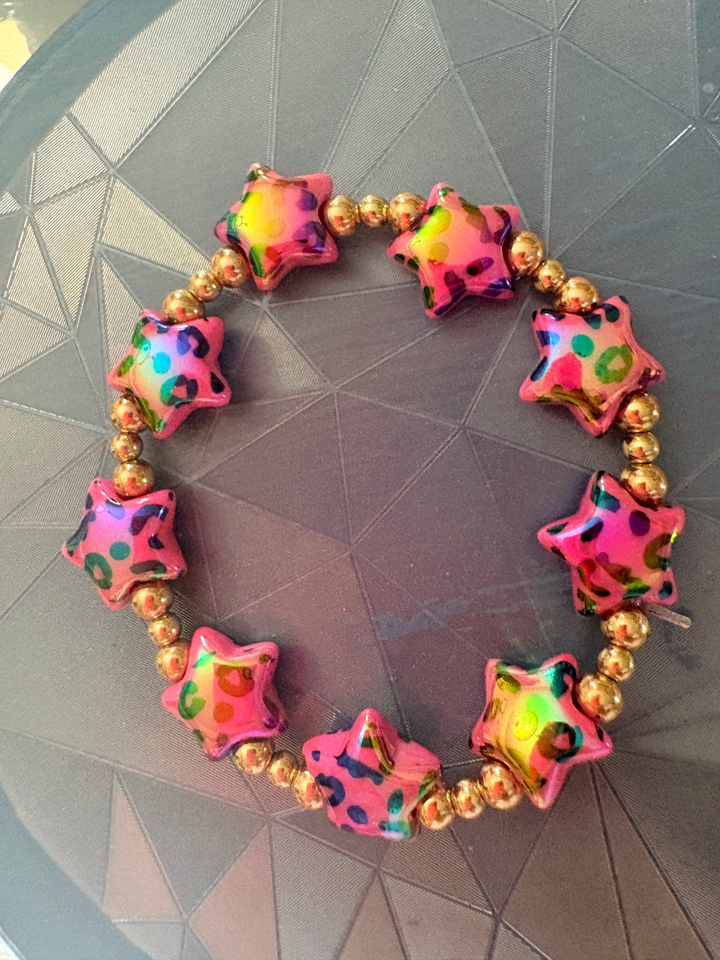 Pink Leopard Star Beaded Stretch Bracelet