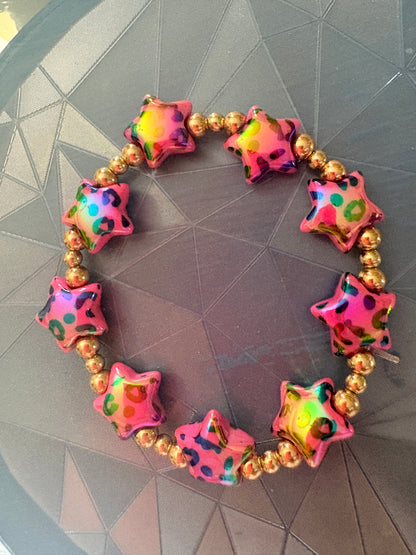 Pink Leopard Star Beaded Stretch Bracelet