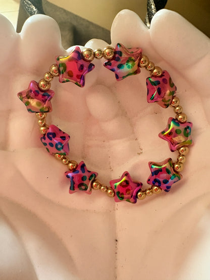 Pink Leopard Star Beaded Stretch Bracelet