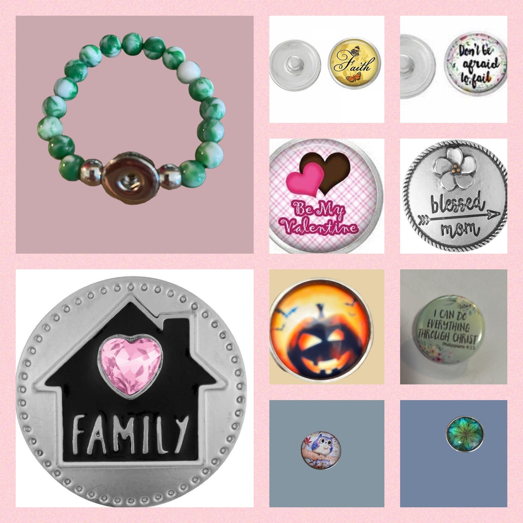 Starter Set-2 for Interchangable Jewelry (9 Snaps &amp; 1 snap stretch bracelet)Pink tiful of LOVE