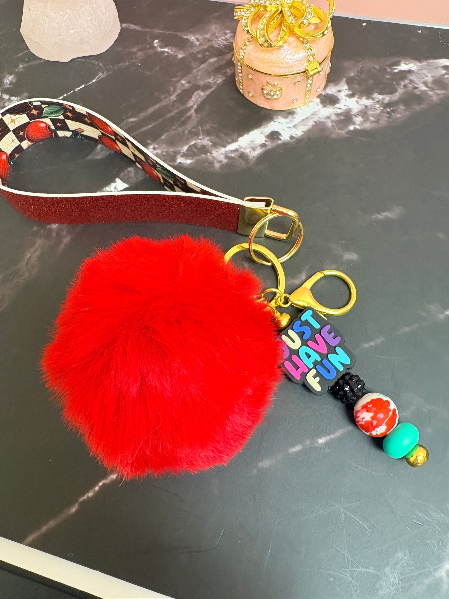 “Just Have Fun” Red Pom Pom Wristlet Keychain