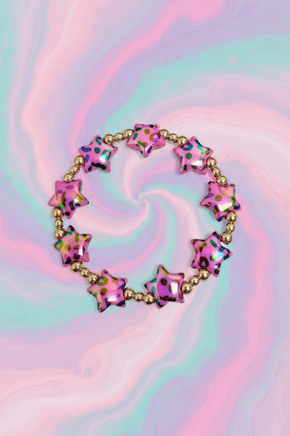Pink Leopard Star Beaded Stretch Bracelet