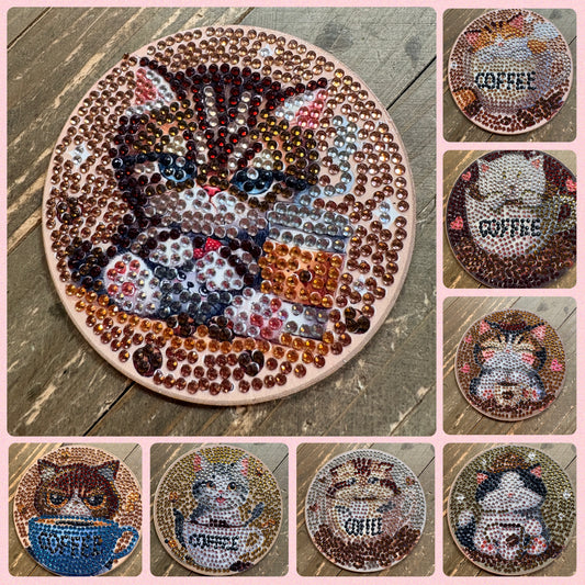 Kitty + Coffee Diamond Art Coaster Set (Set of 8)