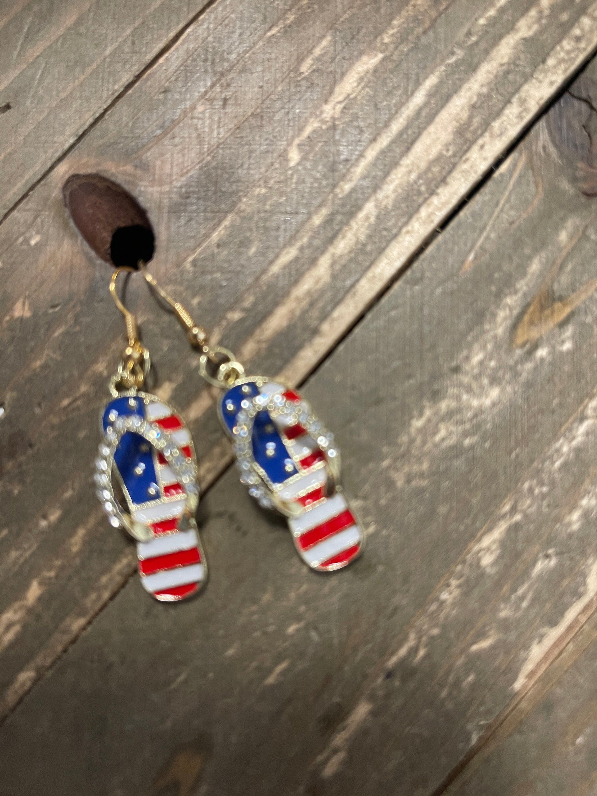 Patriotic Flip Flops Gold &amp; Rhinestone Charm Wire EarringsPink tiful of LOVE