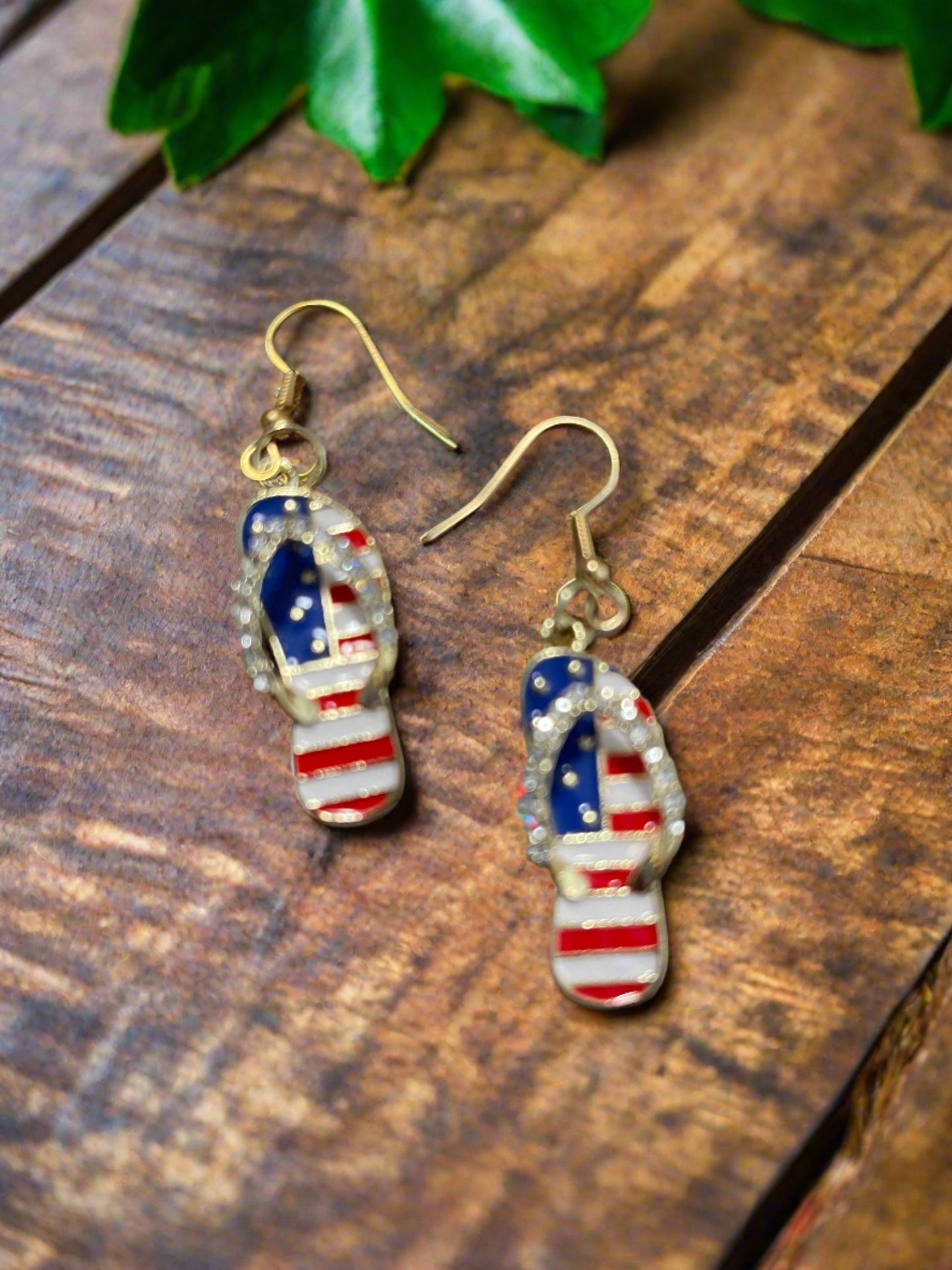 Patriotic Flip Flops Gold &amp; Rhinestone Charm Wire EarringsPink tiful of LOVE