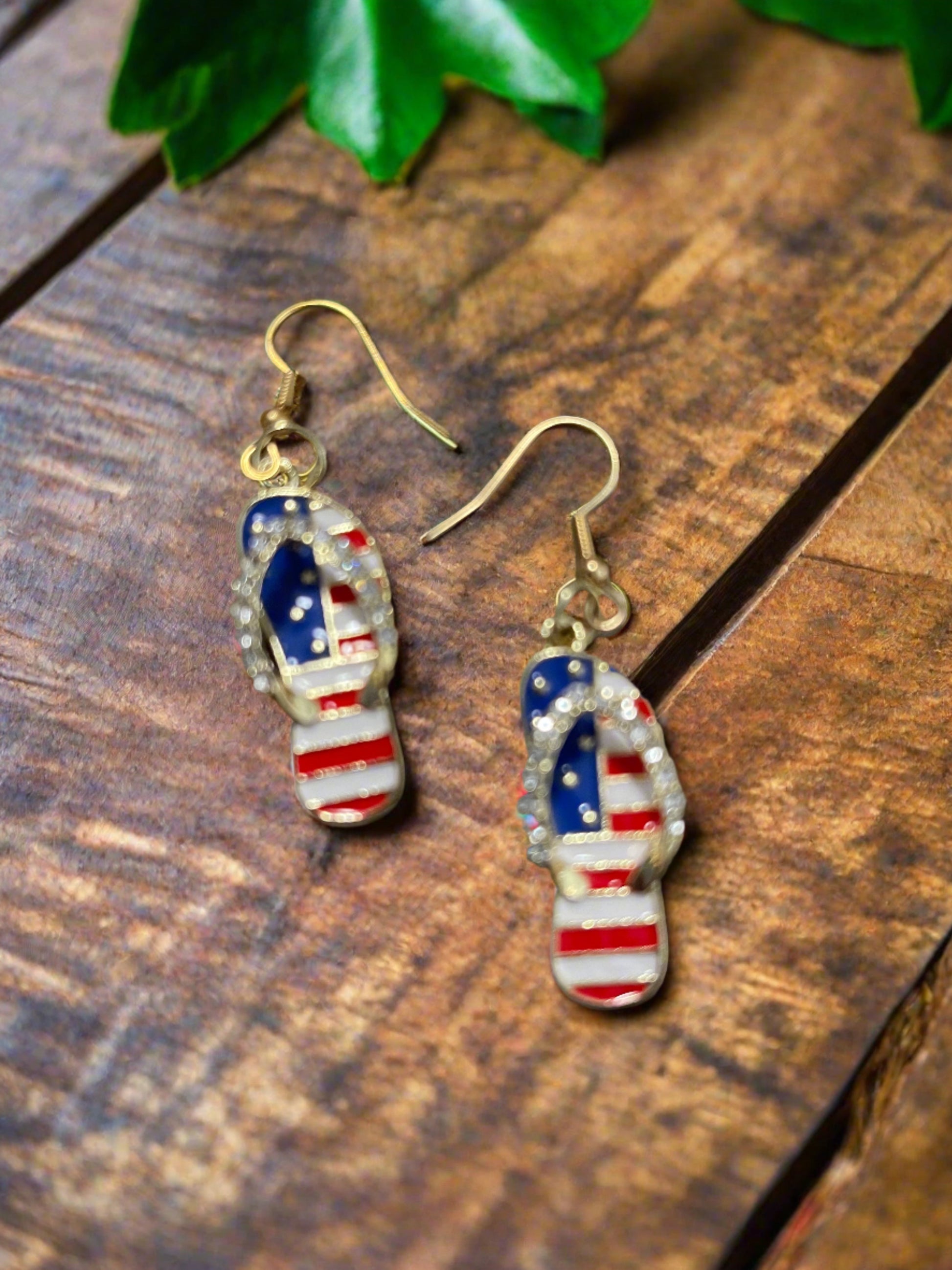 Patriotic Flip Flops Gold &amp; Rhinestone Charm Wire EarringsPink tiful of LOVE