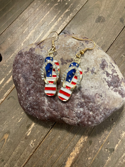 Patriotic Flip Flops Gold &amp; Rhinestone Charm Wire EarringsPink tiful of LOVE