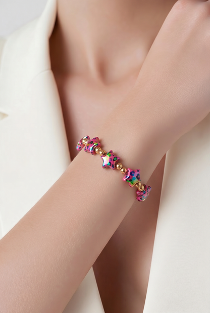 Pink Leopard Star Beaded Stretch Bracelet