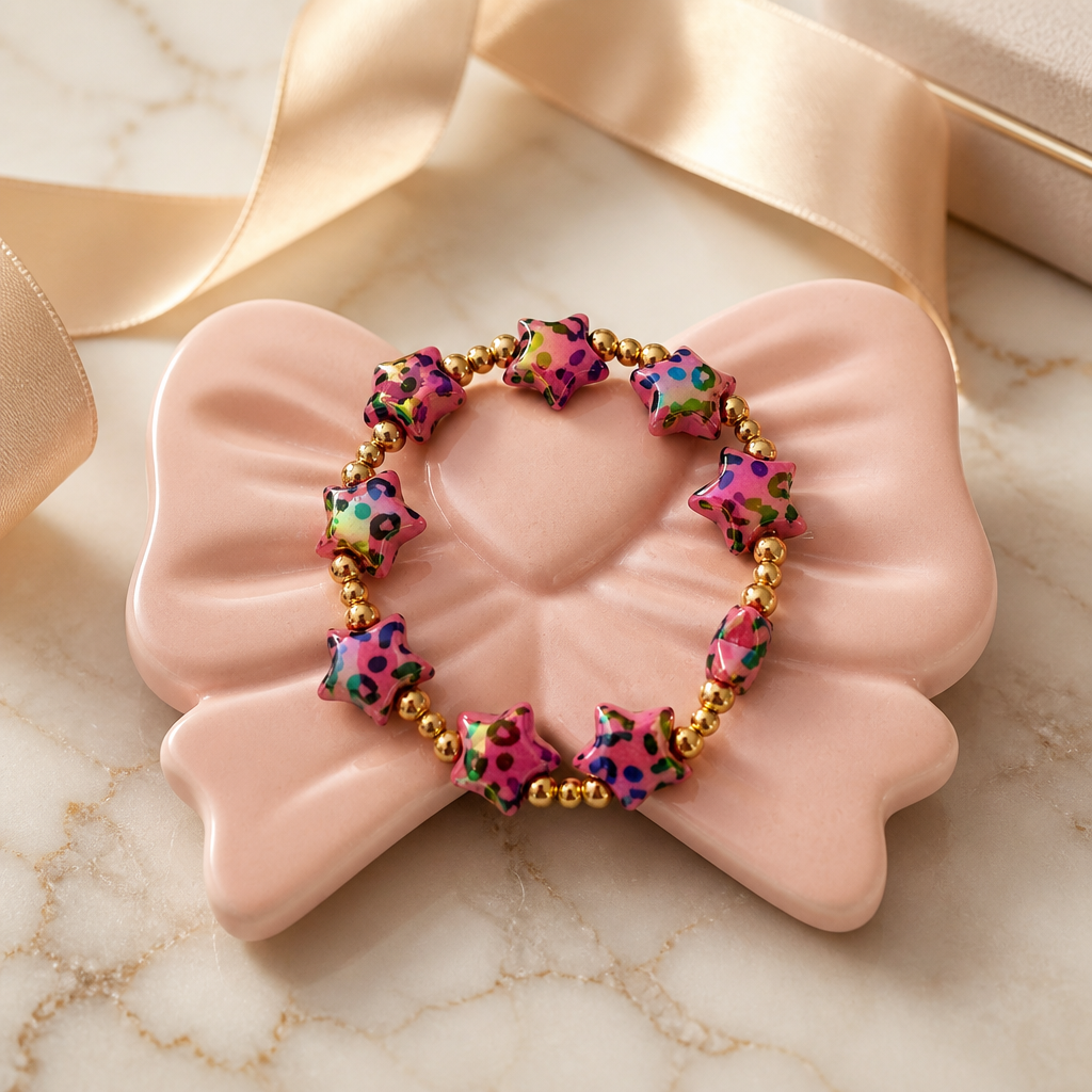 Pink Leopard Star Beaded Stretch Bracelet