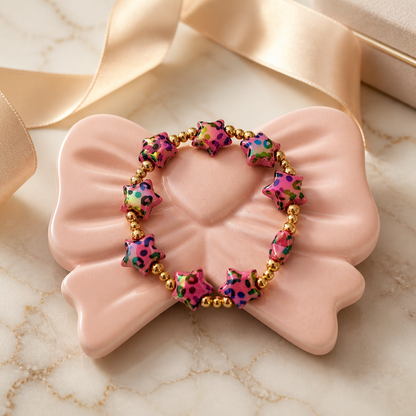 Pink Leopard Star Beaded Stretch Bracelet
