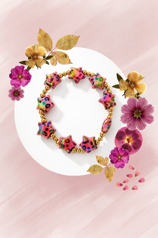Pink Leopard Star Beaded Stretch Bracelet