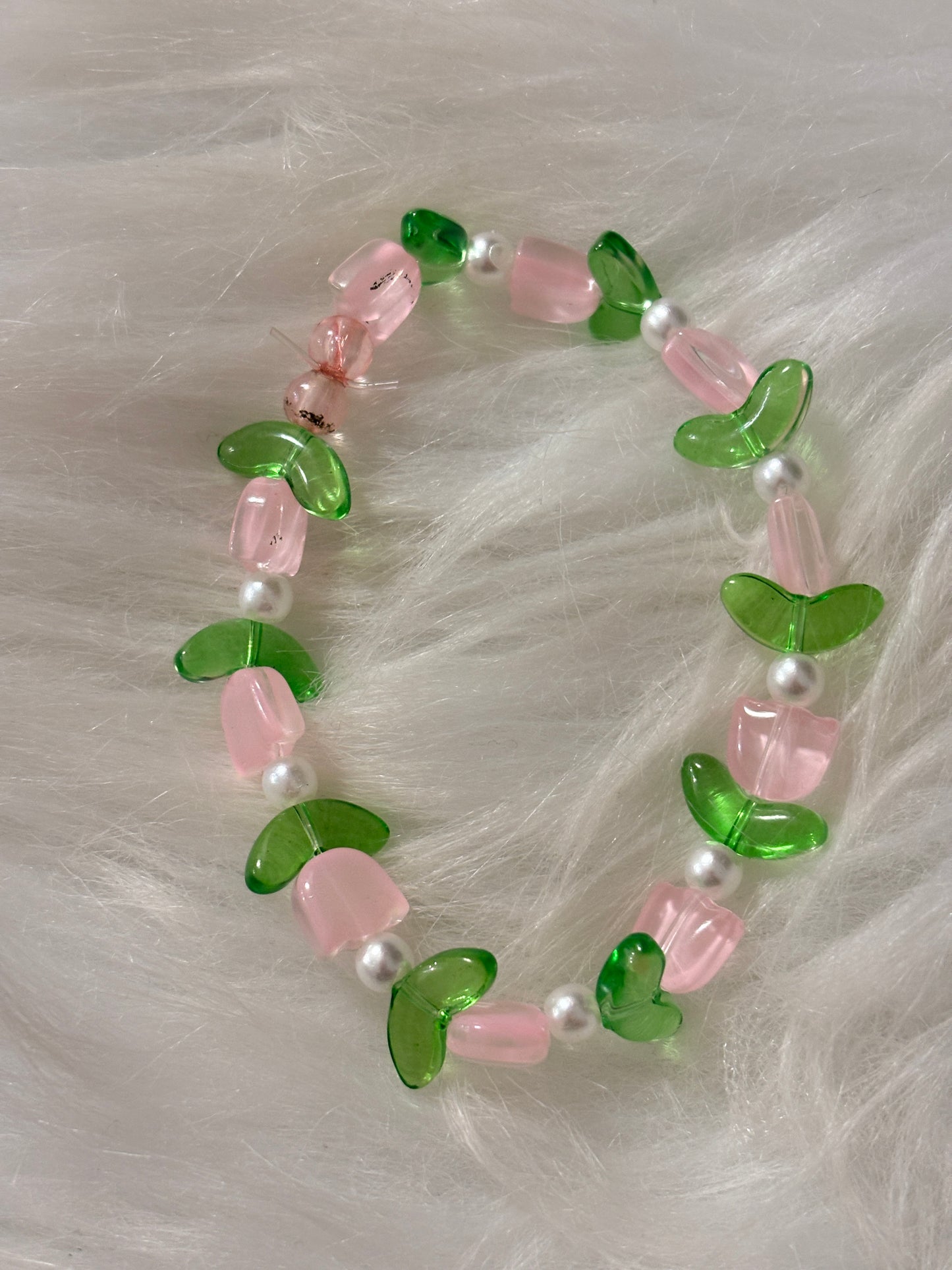 Pink Tulip Glass Beaded Stretch Bracelet