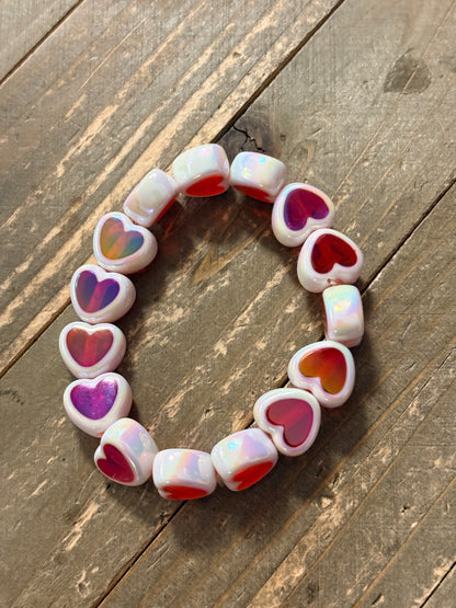 Pink, Red & White Heart Beaded Stretch Bracelet