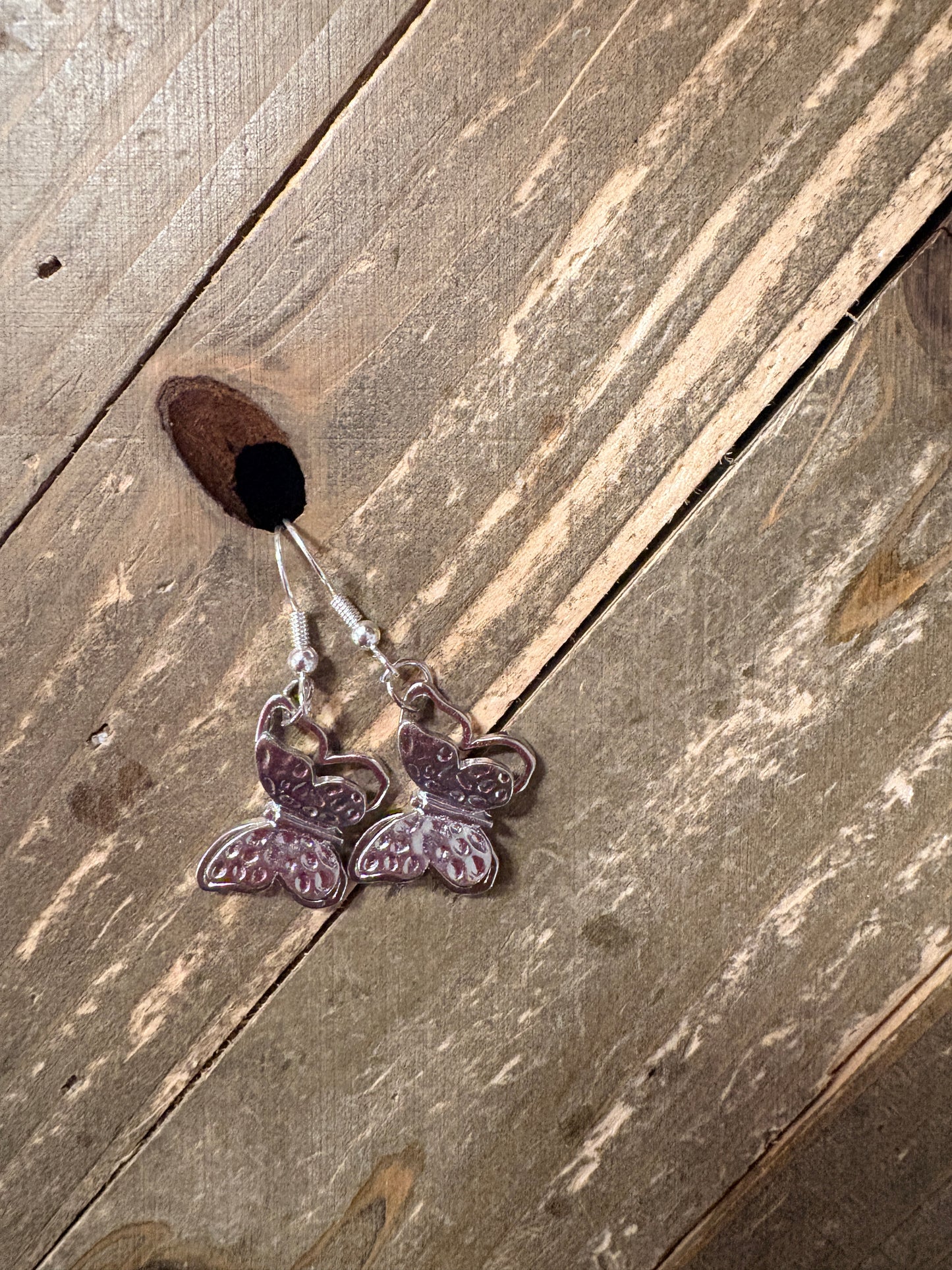 Hammered Silver Butterfly Charm Dangle Earrings