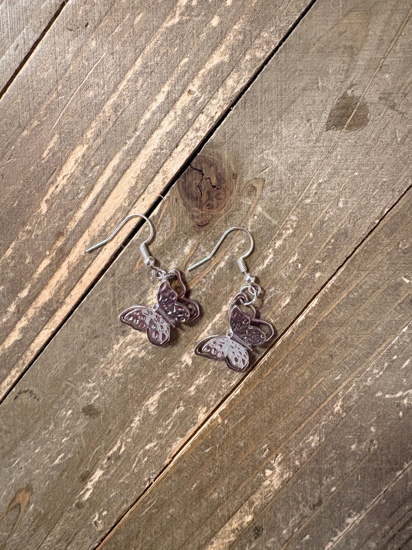 Hammered Silver Butterfly Charm Dangle Earrings