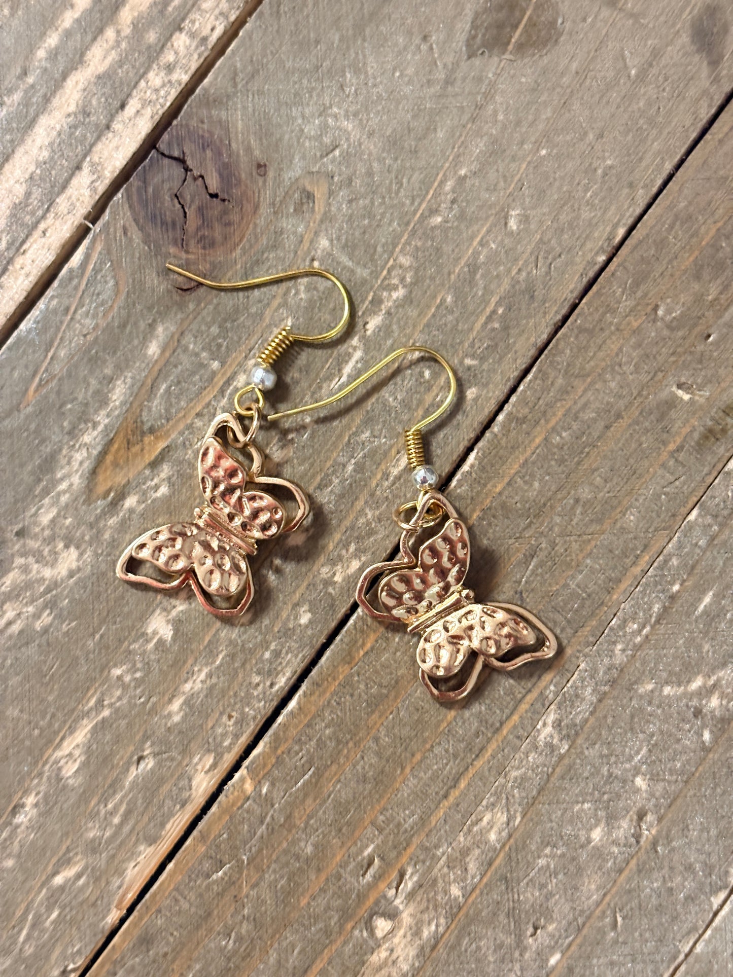 Hammered Gold Butterfly Charm Dangle Earrings