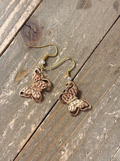 Hammered Gold Butterfly Charm Dangle Earrings