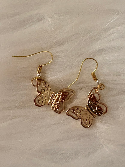 Hammered Gold Butterfly Charm Dangle Earrings