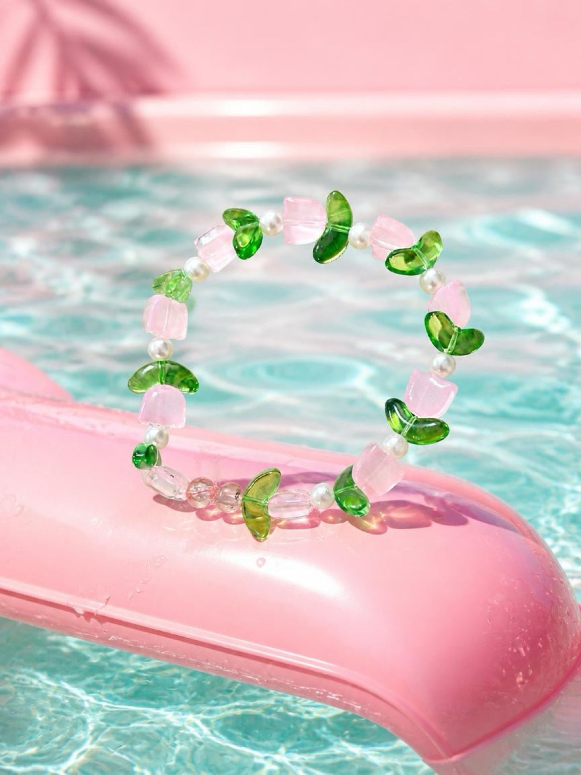 Pink Tulip Glass Beaded Stretch Bracelet