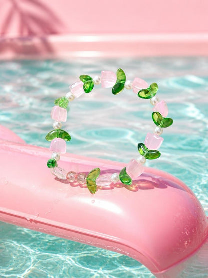 Pink Tulip Glass Beaded Stretch Bracelet