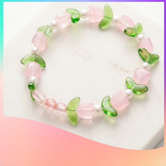 Pink Tulip Glass Beaded Stretch Bracelet
