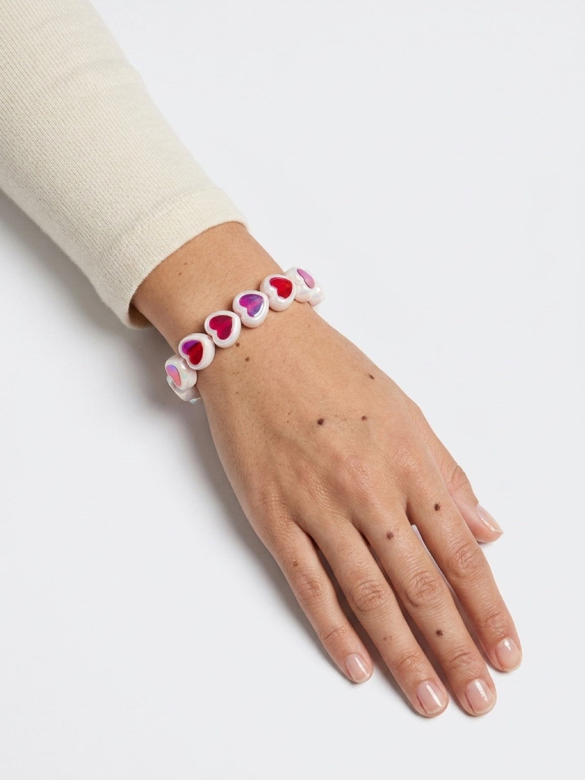 Pink, Red & White Heart Beaded Stretch Bracelet