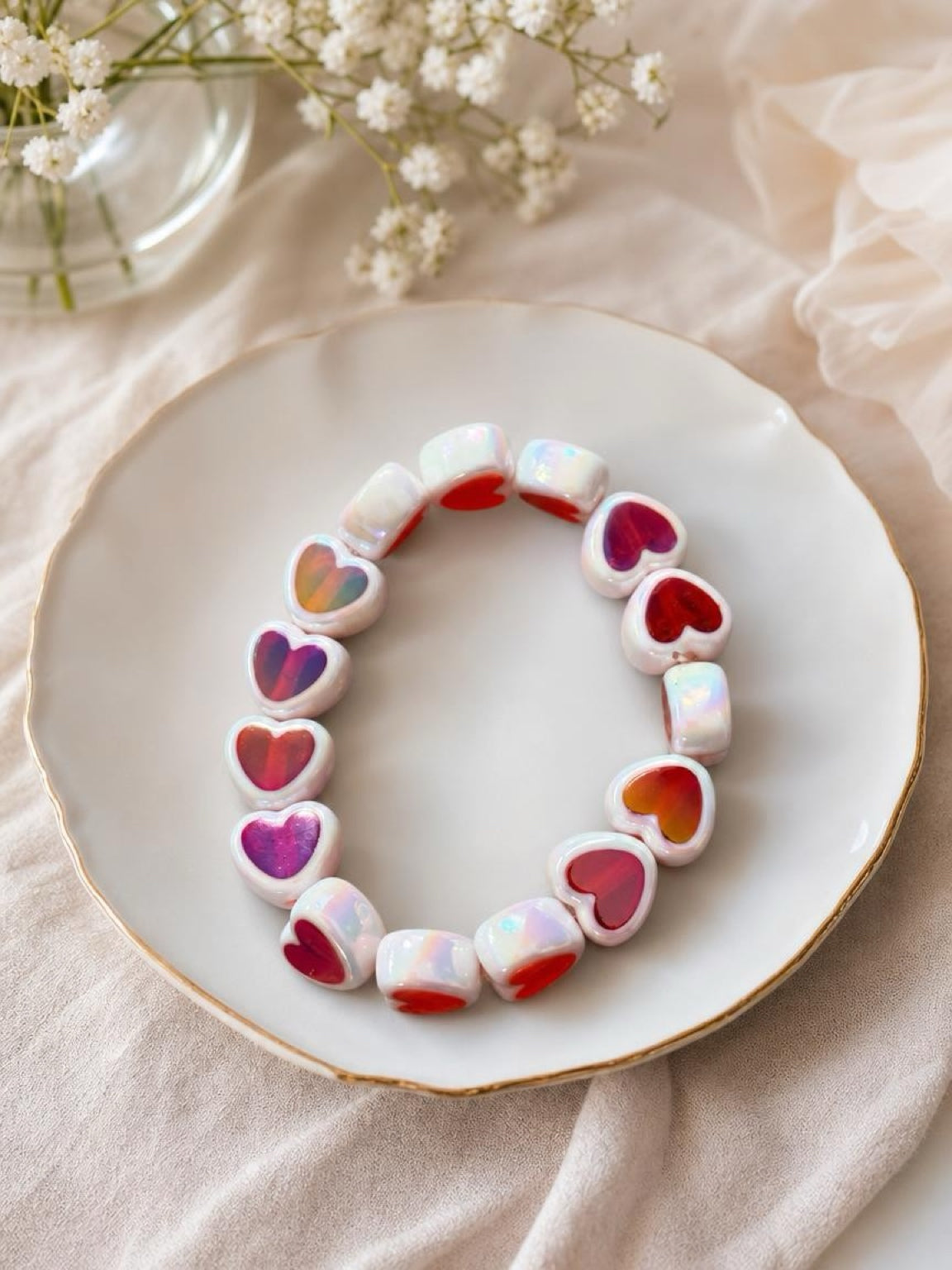 Pink, Red & White Heart Beaded Stretch Bracelet