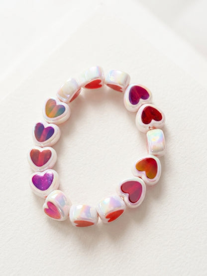 Pink, Red & White Heart Beaded Stretch Bracelet