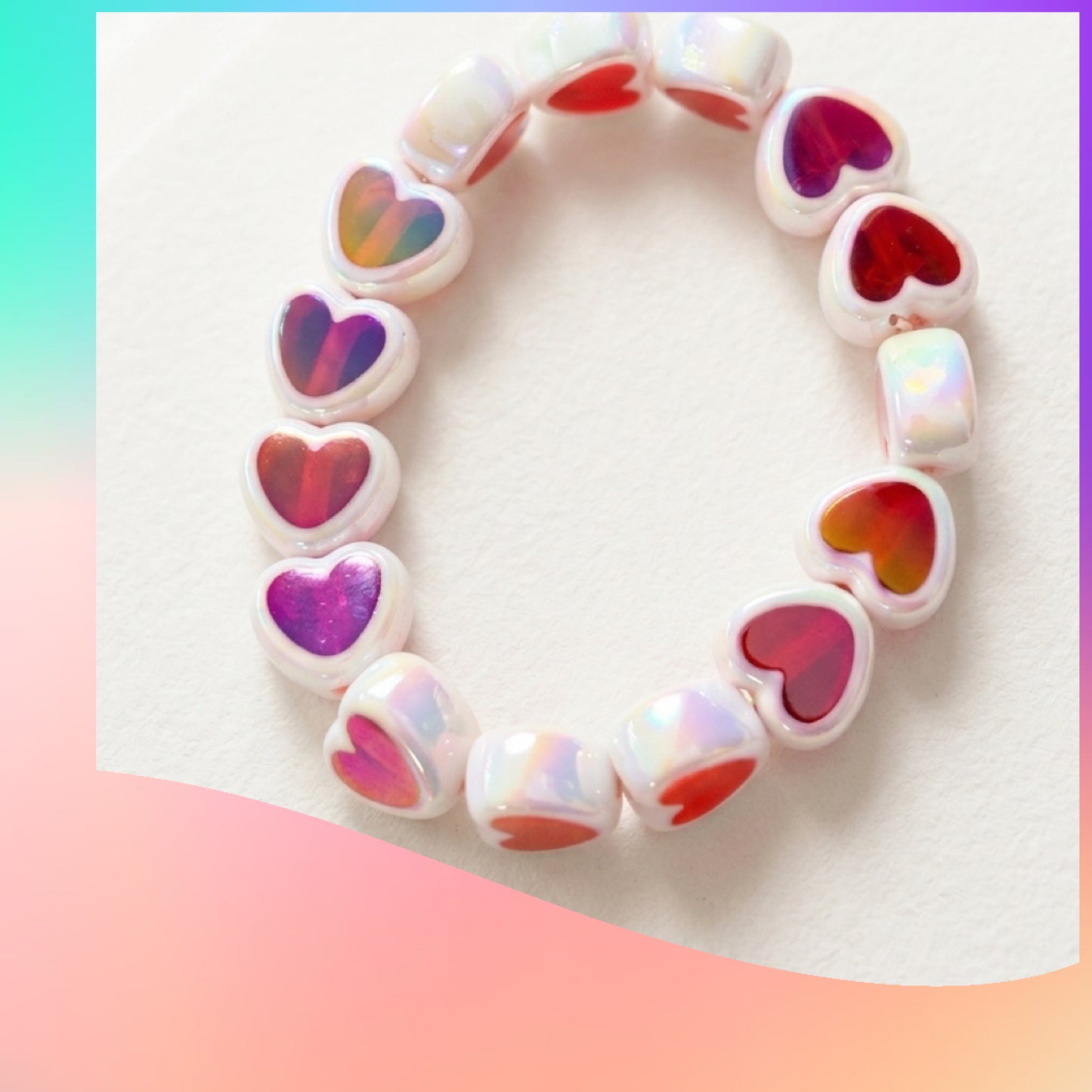 Pink, Red & White Heart Beaded Stretch Bracelet
