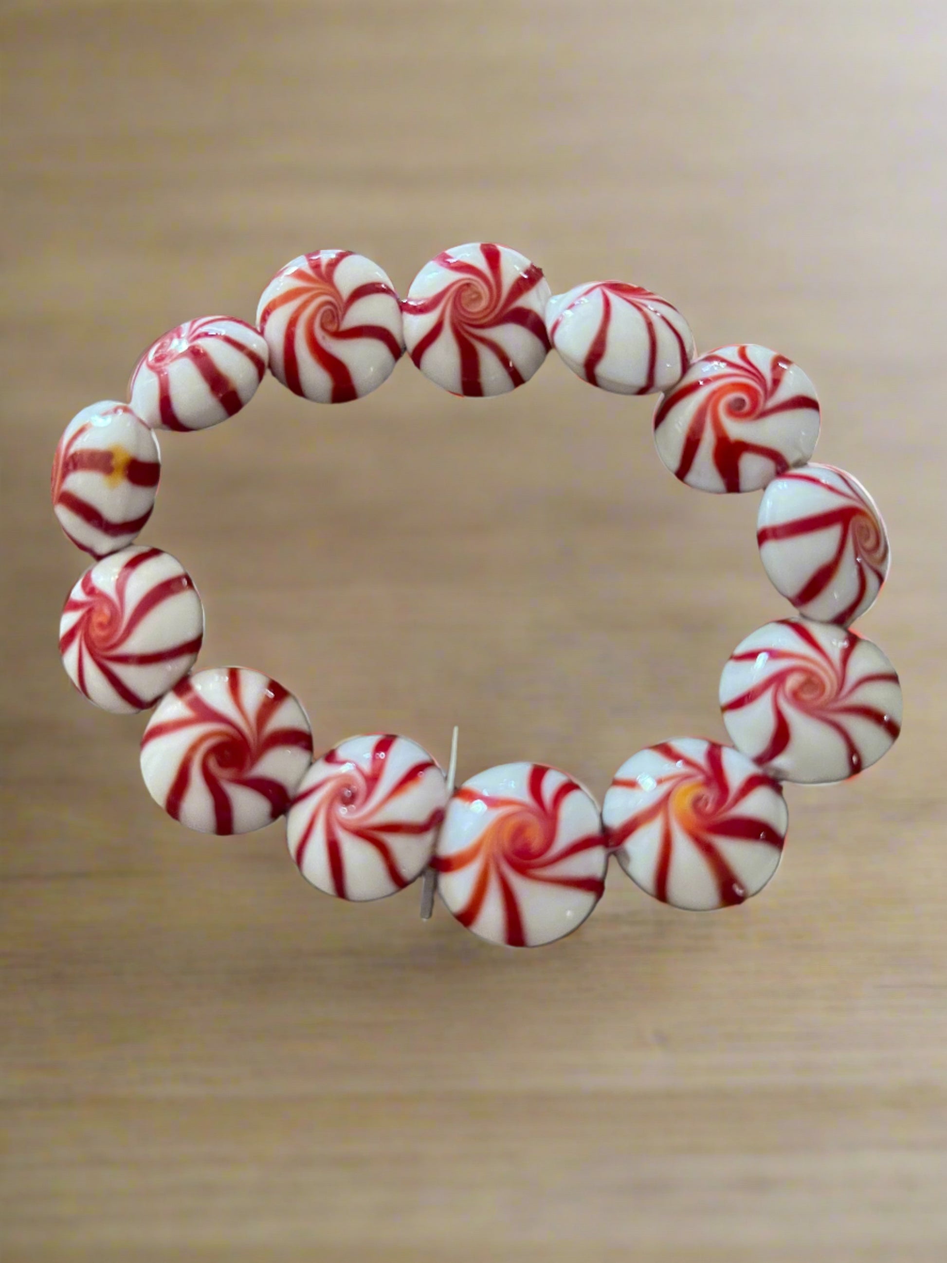 Red and White Mint Candy Glass Beaded Elastic/Stretch BraceletPink tiful of LOVE