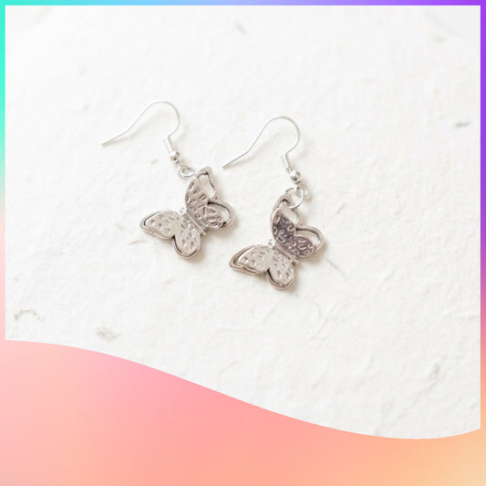 Hammered Silver Butterfly Charm Dangle Earrings