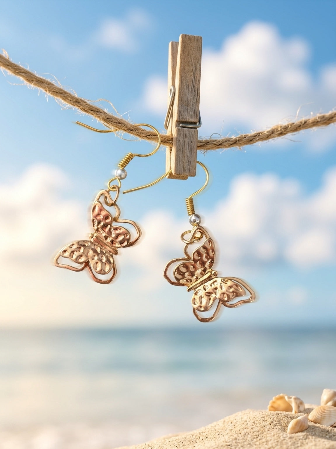Hammered Gold Butterfly Charm Dangle Earrings