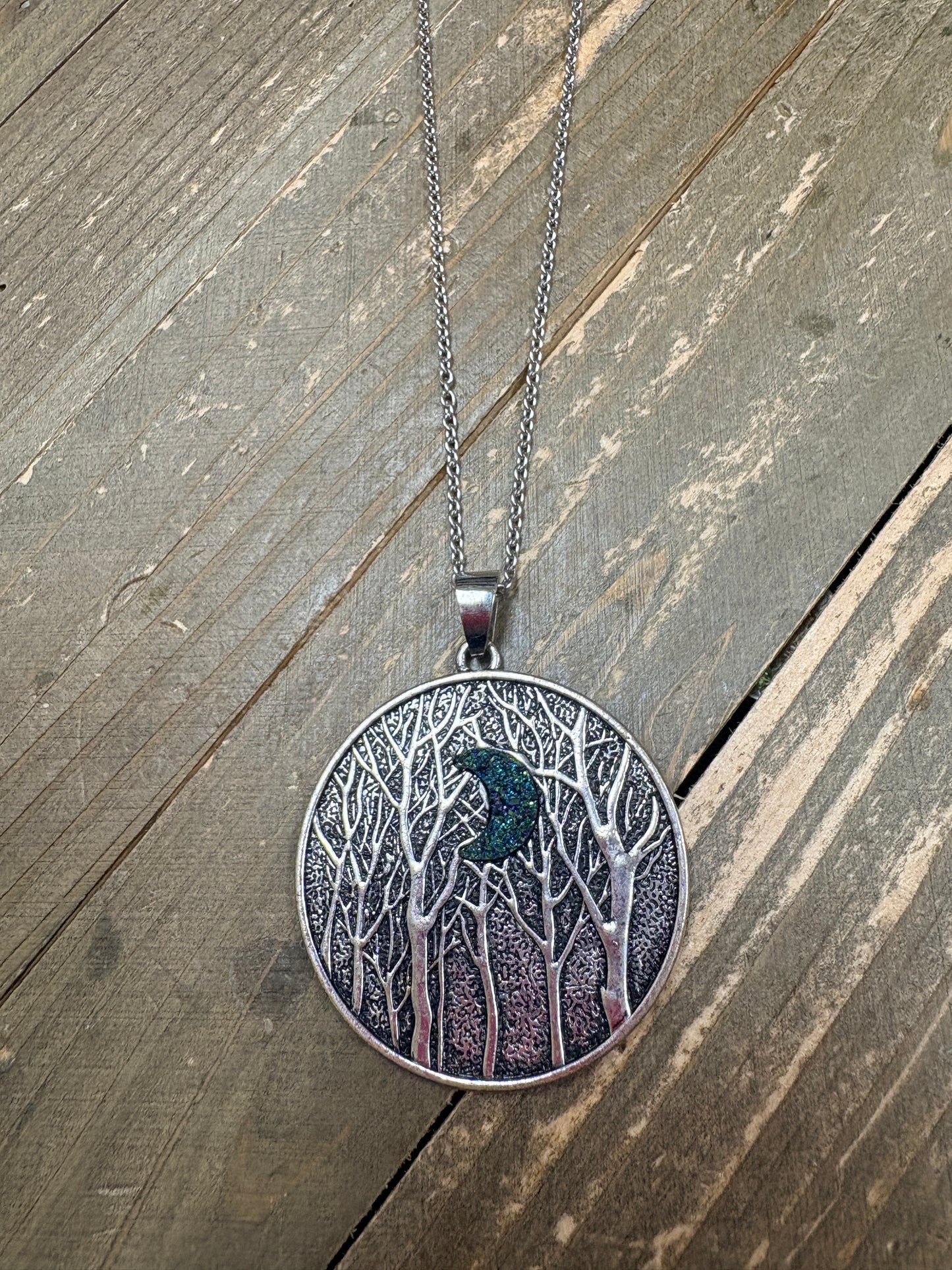 Druzy Moon in Forest Pendant Necklace