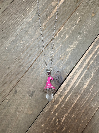 Pink Polka Dot Mushroom Pendant Necklace