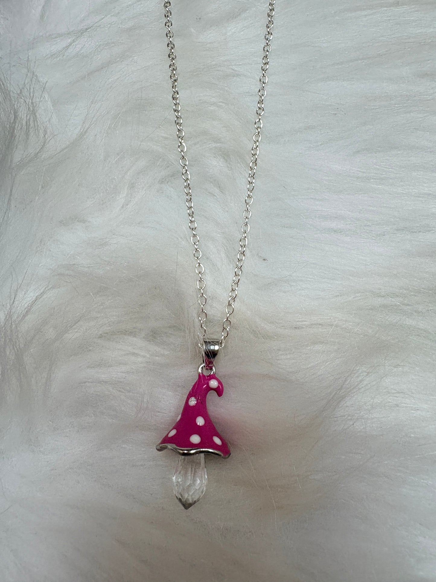 Pink Polka Dot Mushroom Pendant Necklace