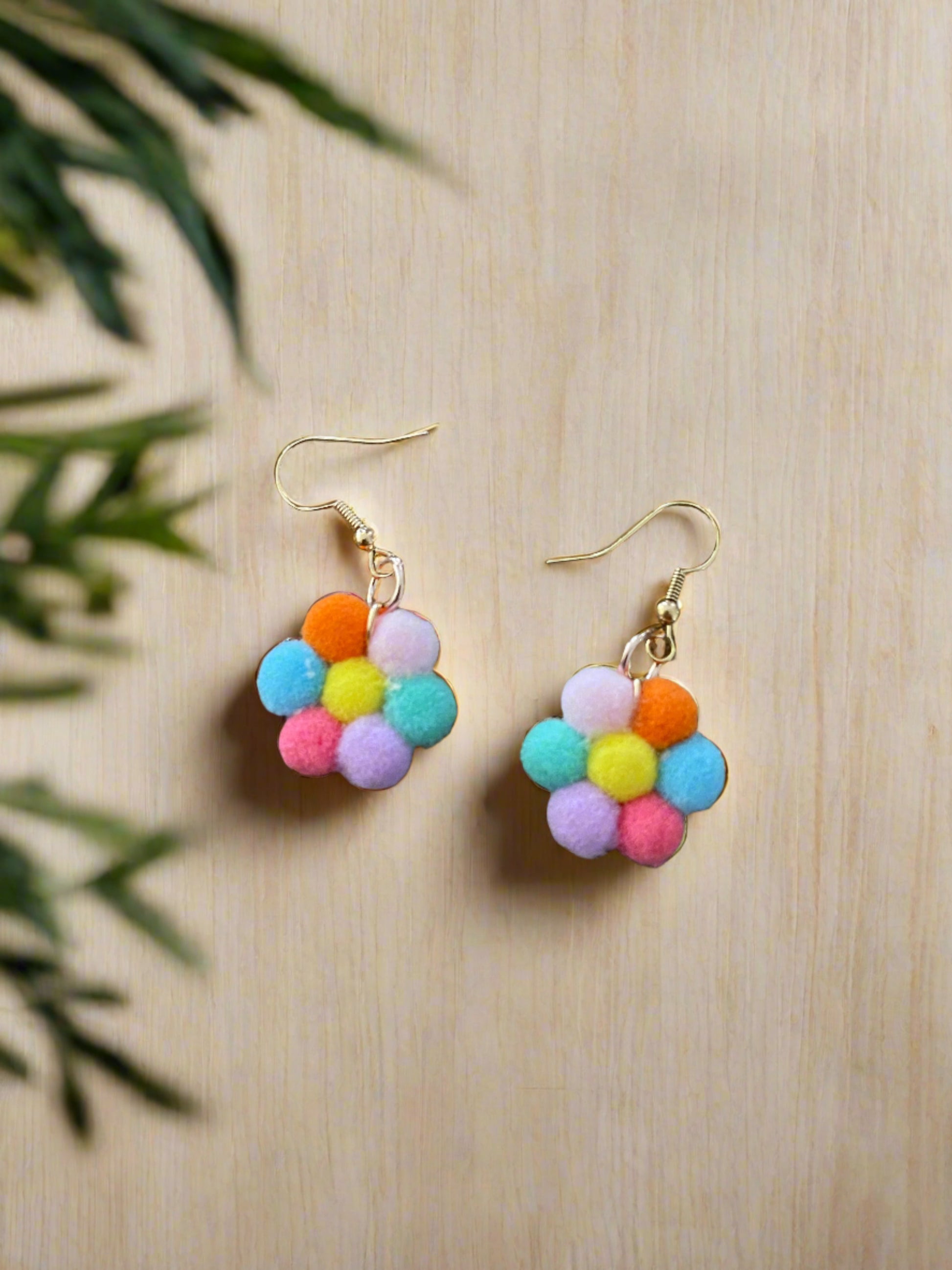 Pom Pom Flower Charms Wire EarringsPink tiful of LOVE