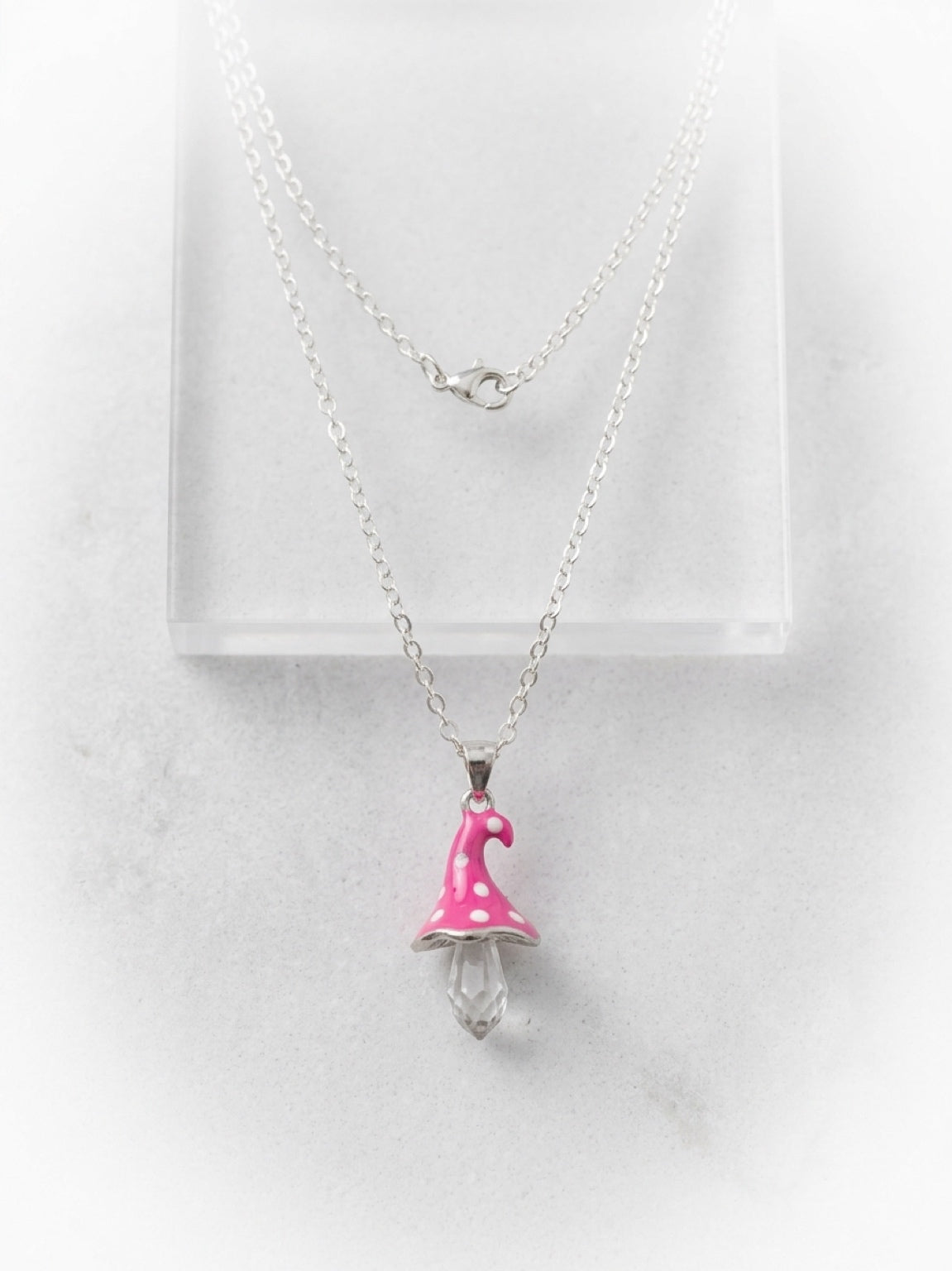 Pink Polka Dot Mushroom Pendant Necklace