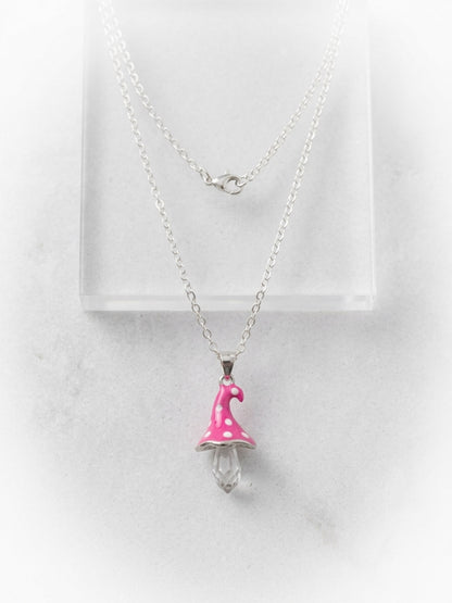 Pink Polka Dot Mushroom Pendant Necklace